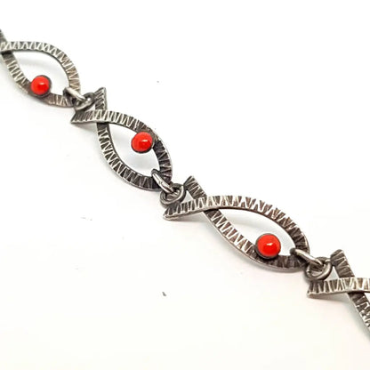 Pulsera vintage de plata art deco para mujer con pez esmaltado rojo.