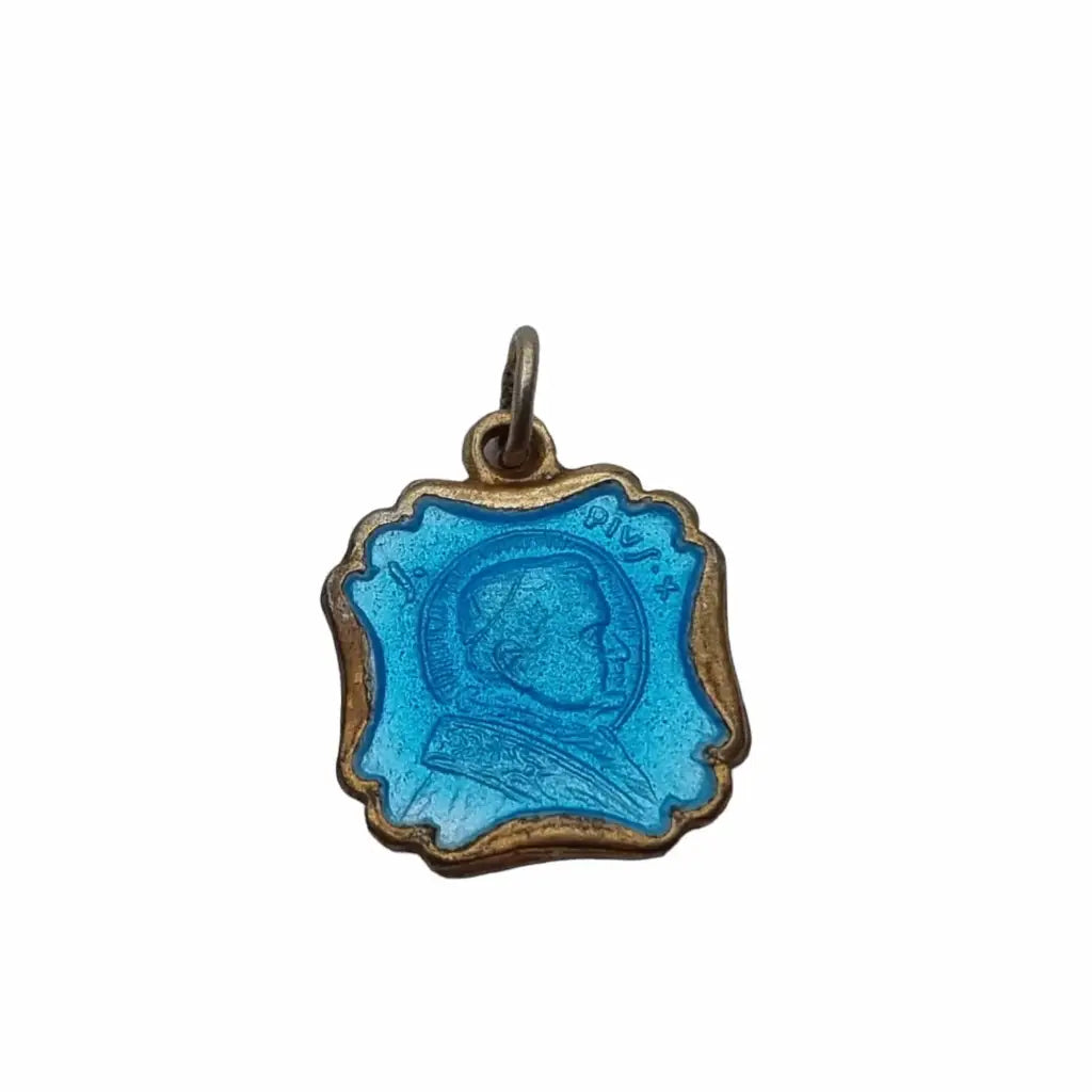 Antiguo colgante Religioso en plata de Pío X esmalte azul medalla la Virgen