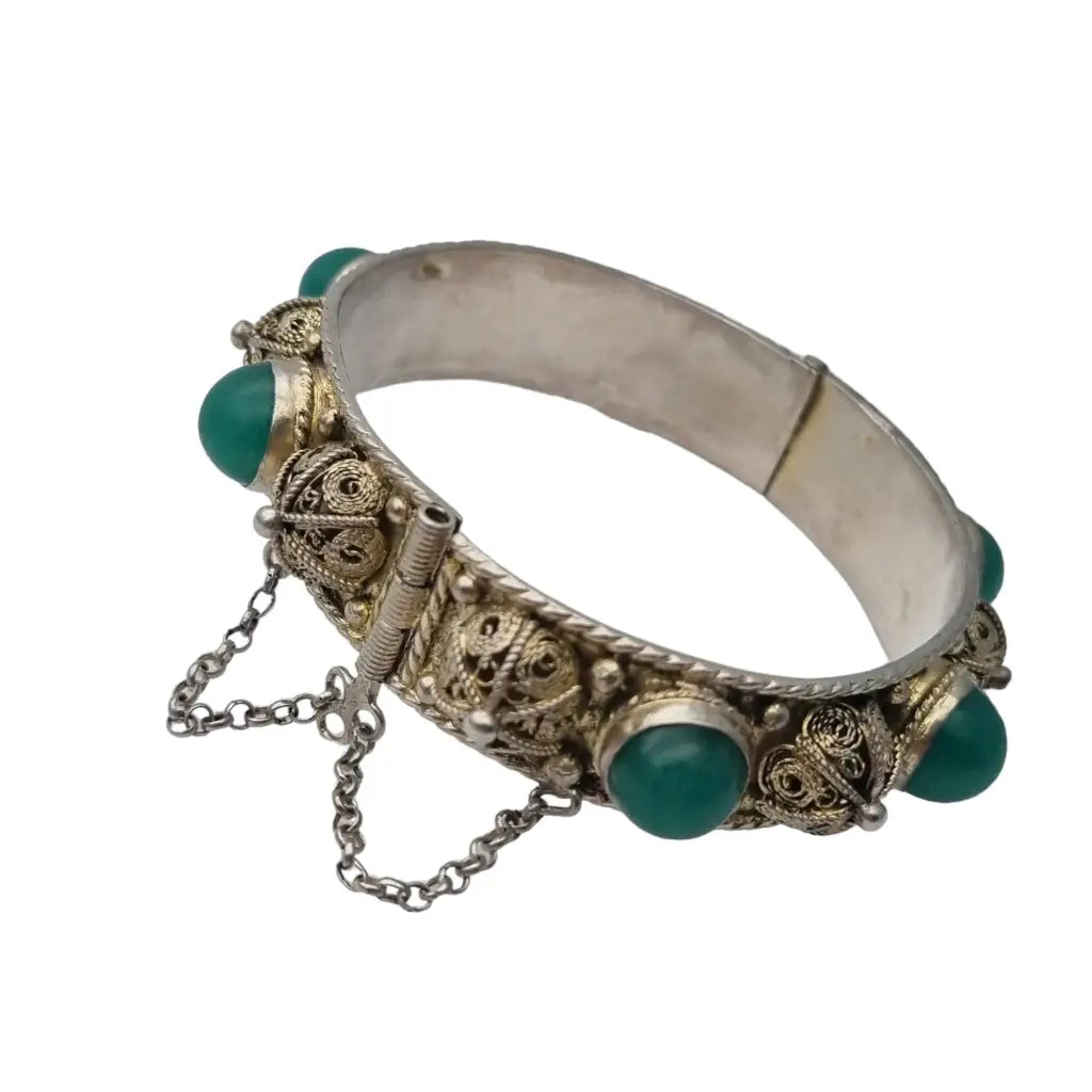 Pulsera de filigrana plata y piedras jade verde para mujer pulsera rígida