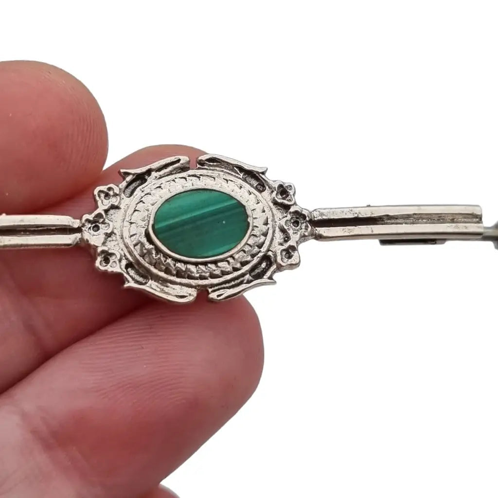 Broche art déco de plata verde malaquita para mujer pin largo solapa regalos