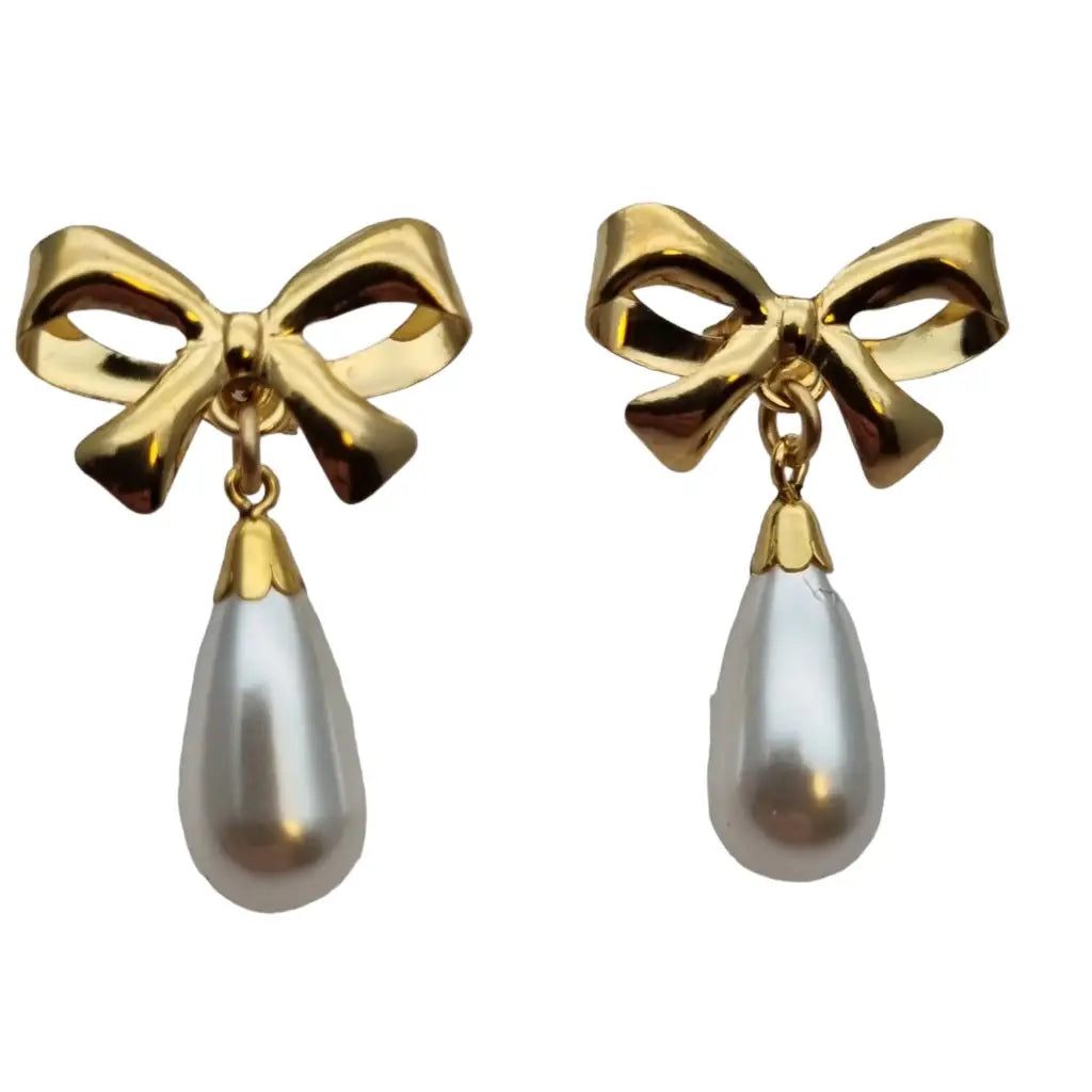 Pendientes lazo de perlas en forma lágrima laminado oro regalos vintage.