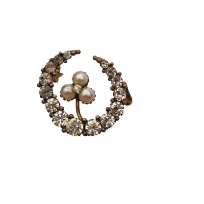 Broche luna vintage con pedrería blanca y perla pin original de los años 50.