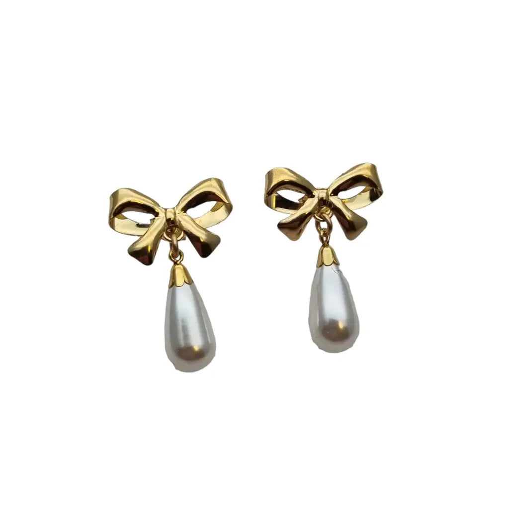 Pendientes lazo de perlas en forma lágrima laminado oro regalos vintage.