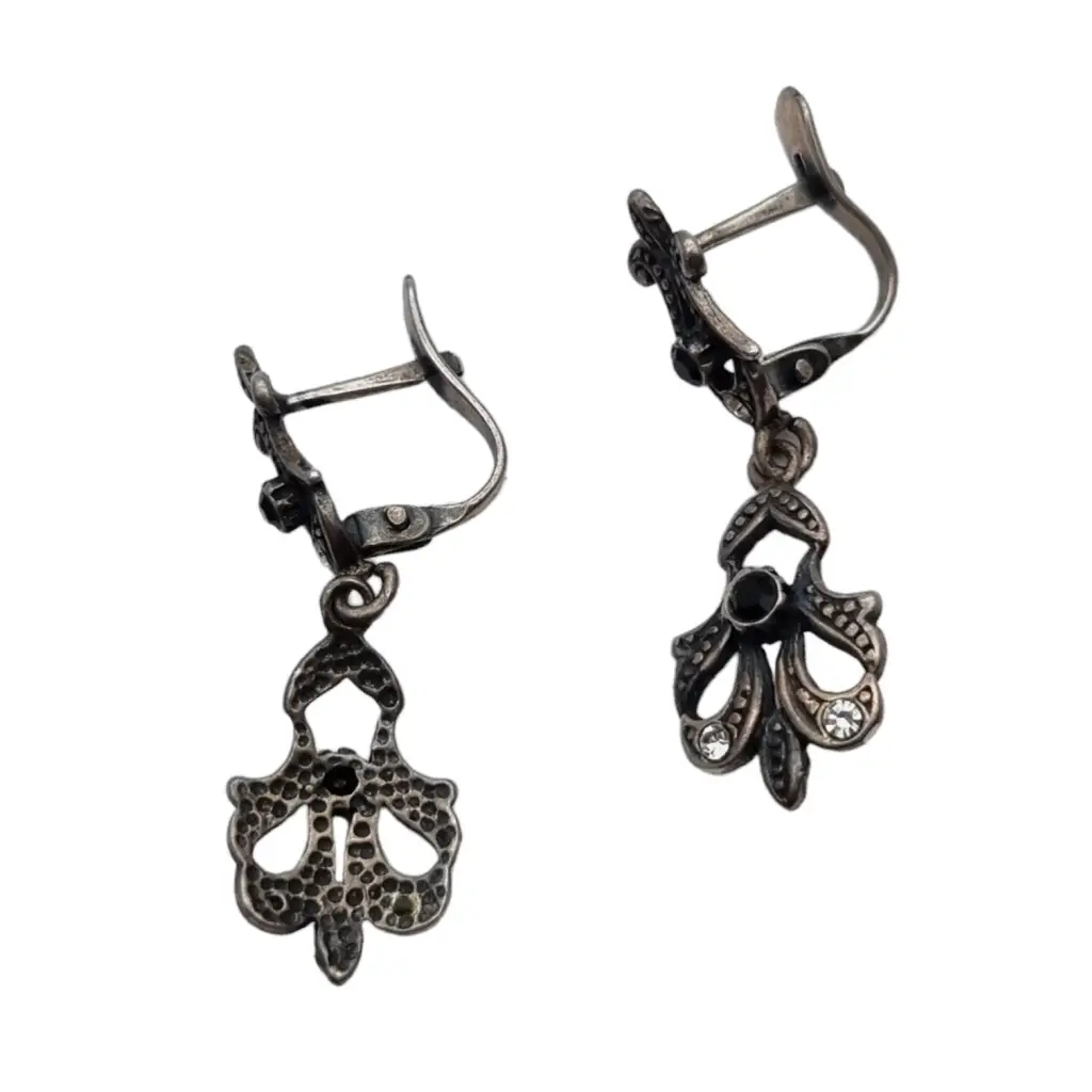 Pendientes victorianos pendientes de lágrima negros plata 925. Circa