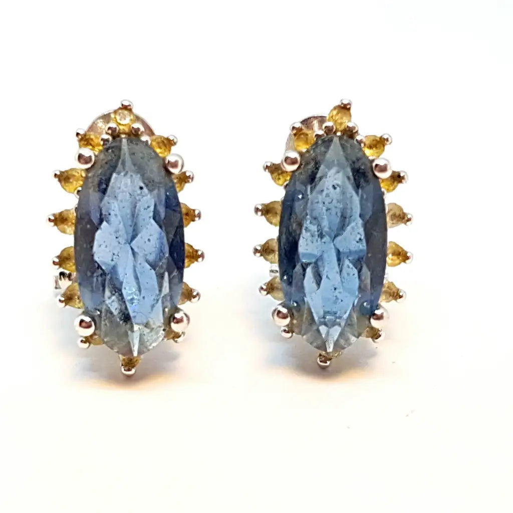 Pendientes art déco de plata azul piedras blancas Circa 1970. Joyas