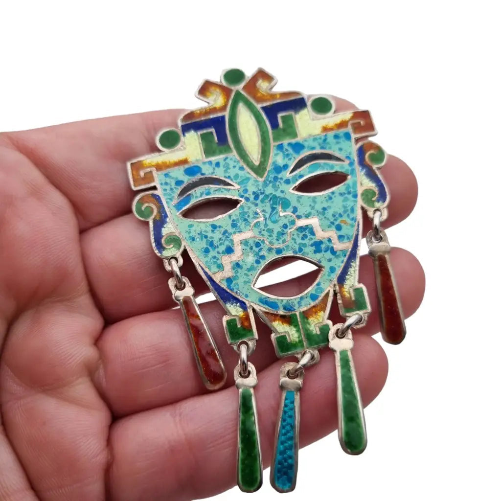 Broche Guerrero Tribal Mexicano 925 Plata Esmalte Guilloche Colgante Face Colors