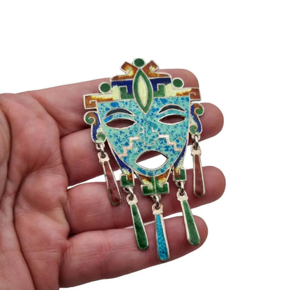 Broche Guerrero Tribal Mexicano 925 Plata Esmalte Guilloche Colgante Face Colors