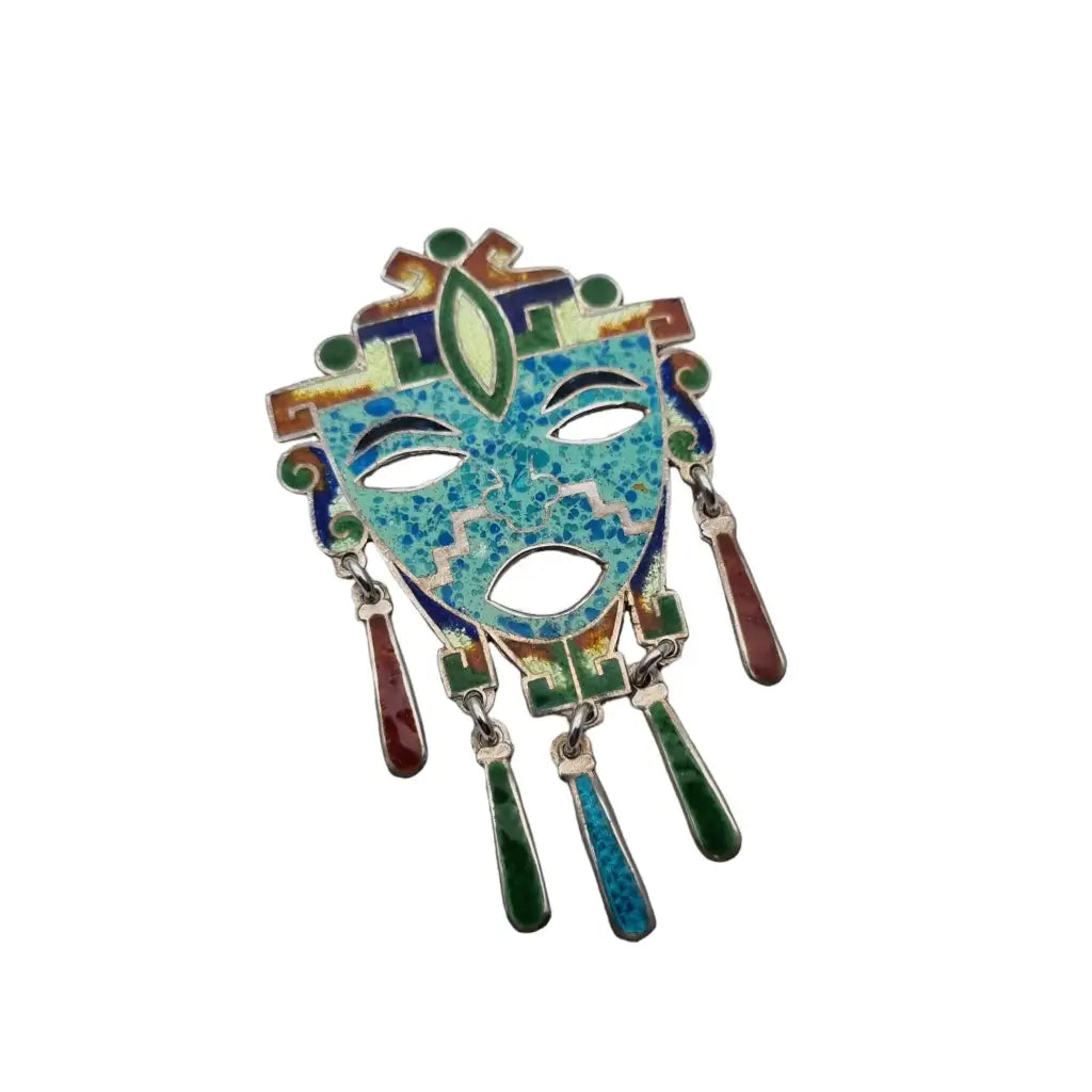 Broche Guerrero Tribal Mexicano 925 Plata Esmalte Guilloche Colgante Face Colors