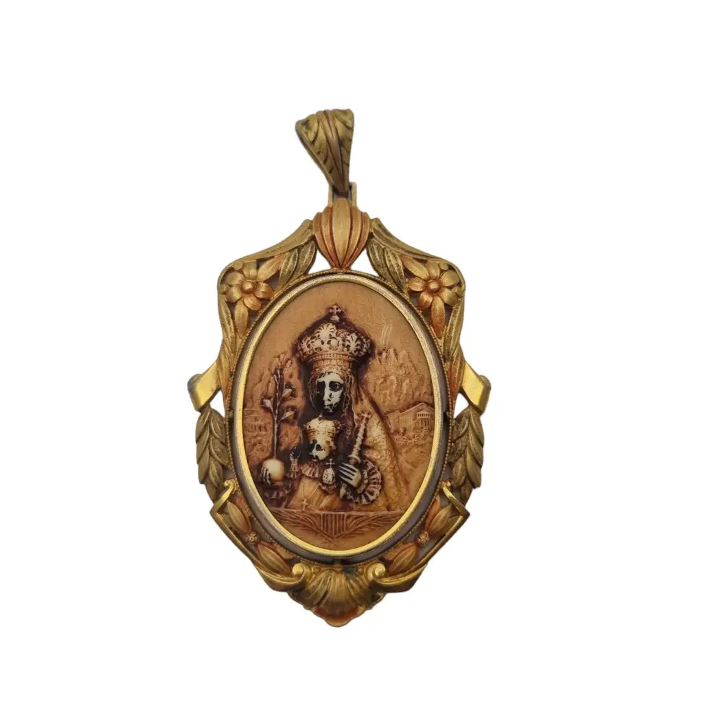 Medalla art nouveau colgante religioso vintage medalla de flor esmalte dorado