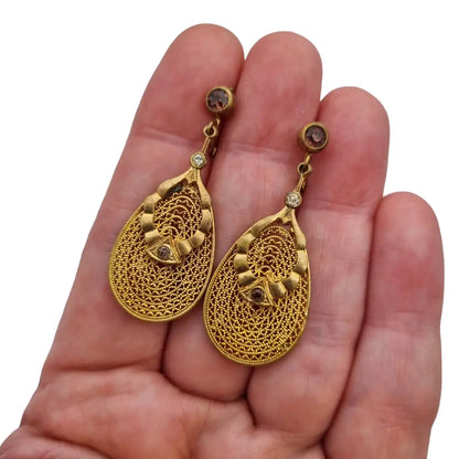 Pendientes belle epoque dorados con estuche original joyería antigua y vintage.