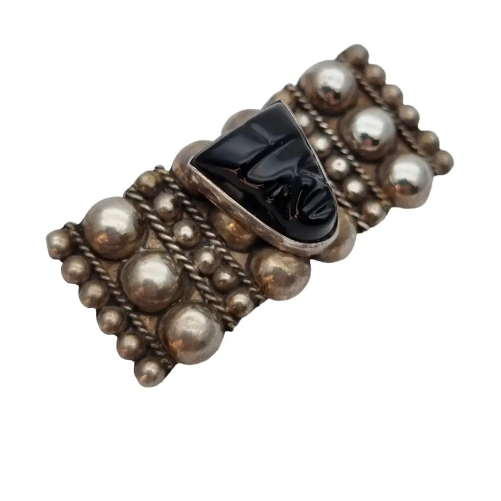 Vintage Made in Mexico broche con cara tallada en obsidiana Plata 925 Azteca