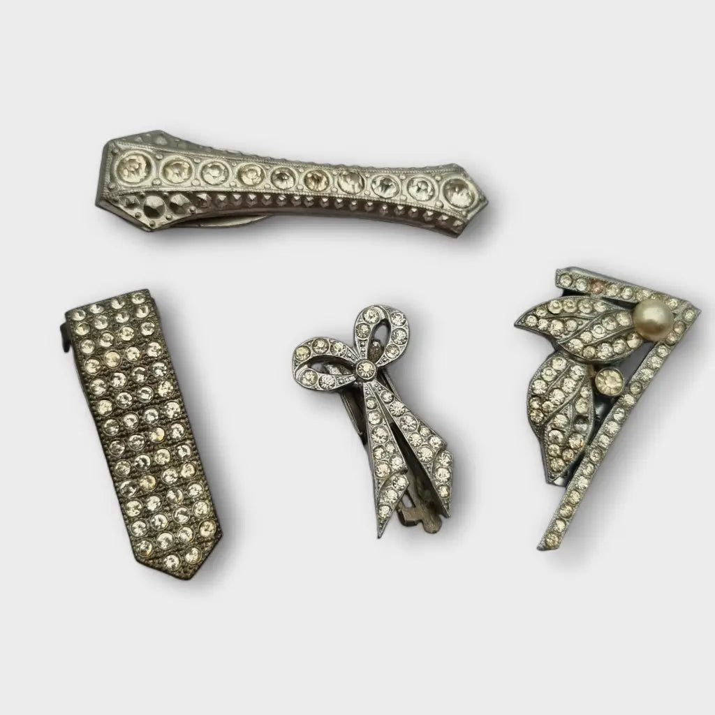 Juego de 4 broches bisutería Art Decó con pedrería blanca blanco brillante