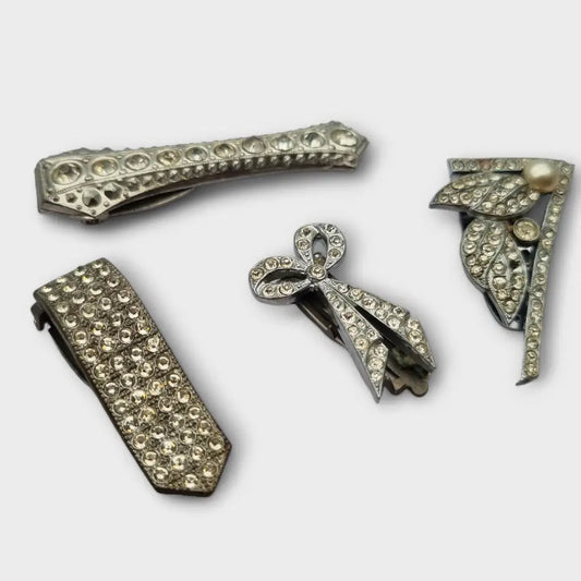 Juego de 4 broches bisutería Art Decó con pedrería blanca blanco brillante
