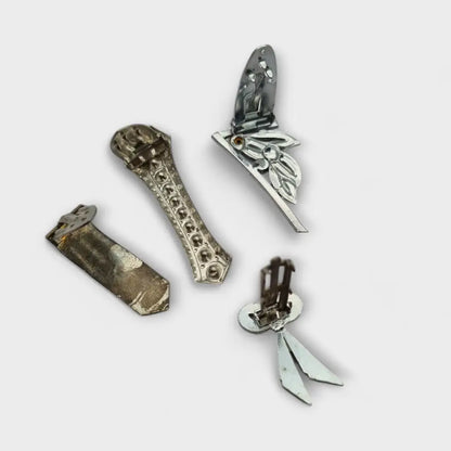 Juego de 4 broches bisutería Art Decó con pedrería blanca blanco brillante