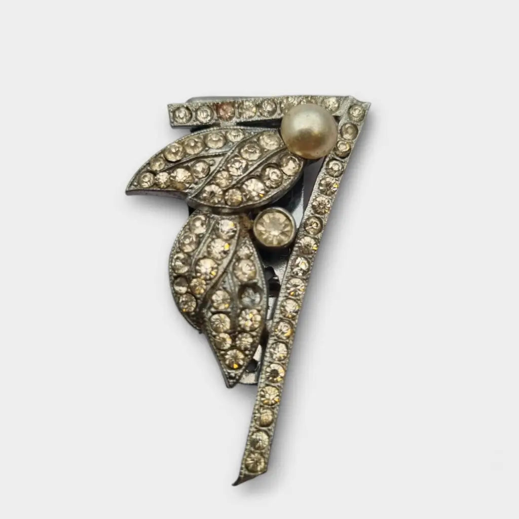 Juego de 4 broches bisutería Art Decó con pedrería blanca blanco brillante