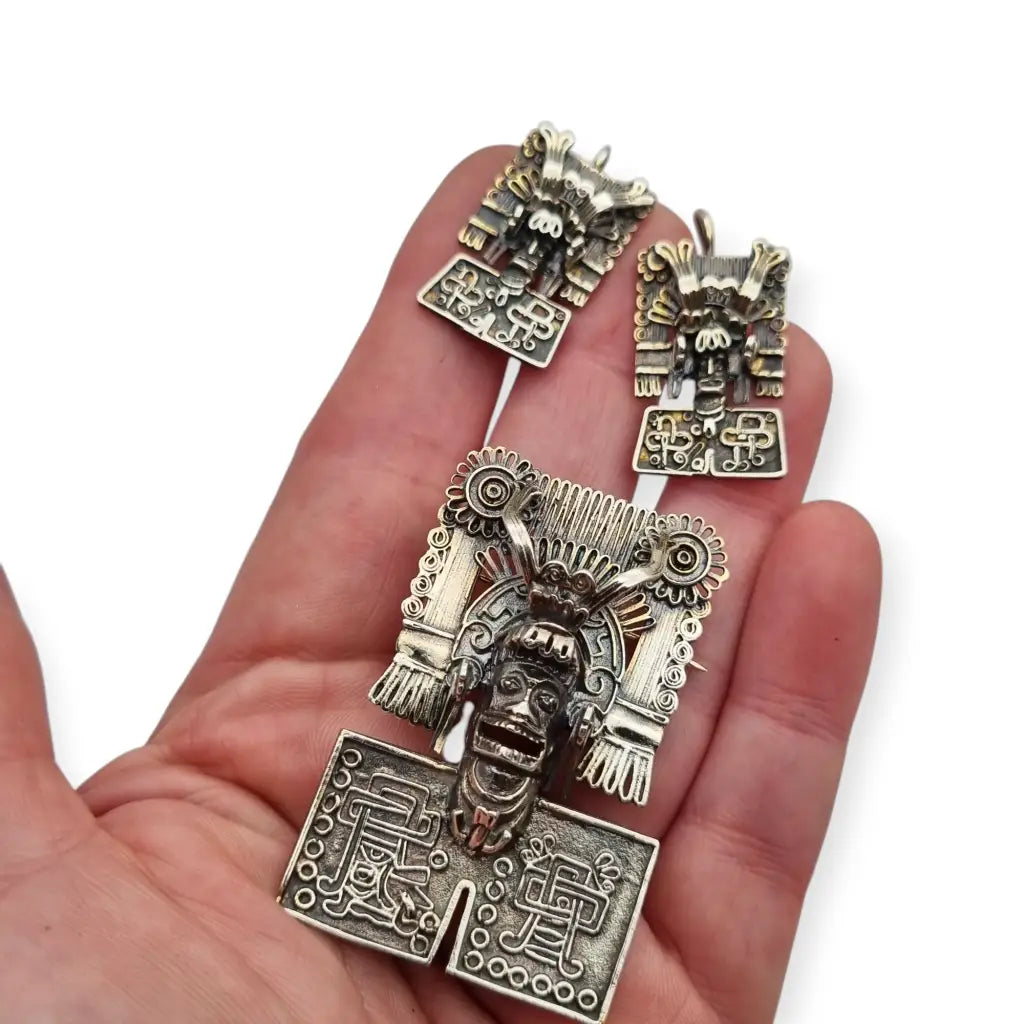 Juego de pendientes y colgante-broche Azteca plata 925 Arte Mixteco México.