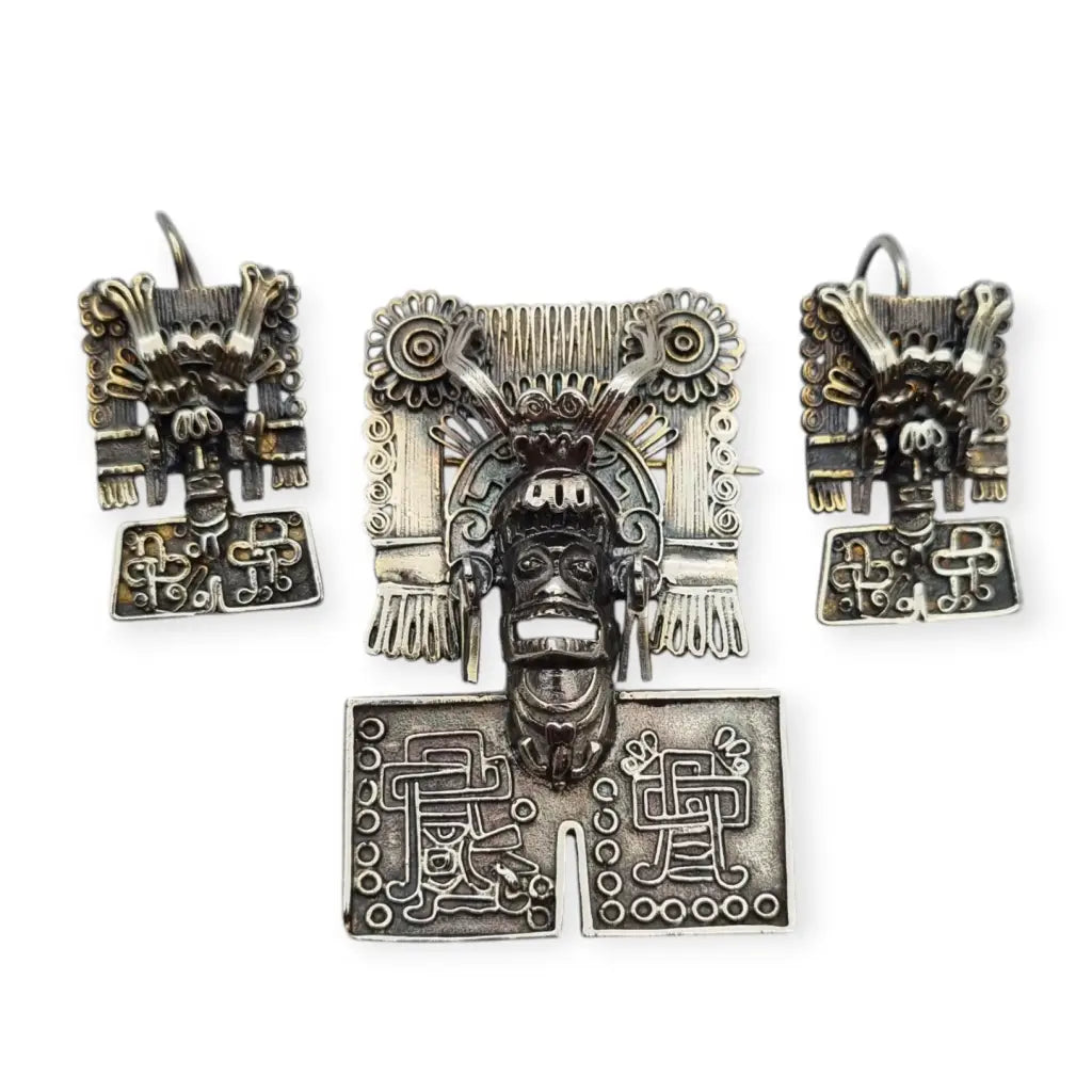 Juego de pendientes y colgante-broche Azteca plata 925 Arte Mixteco México.