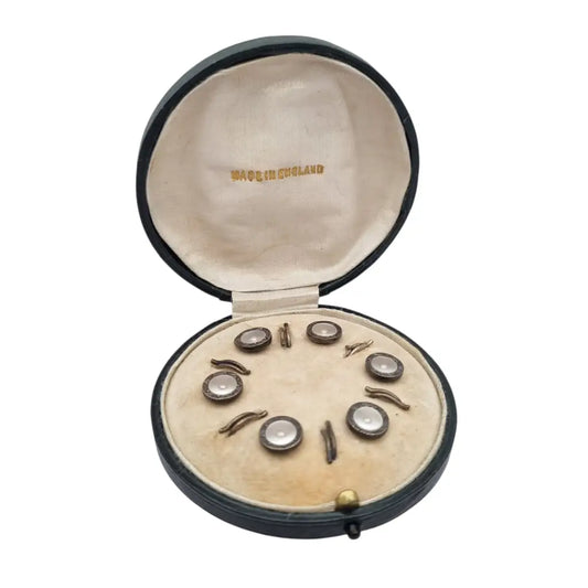 Juego de seis botones Art Déco sterling silver y nácar caja original Made in