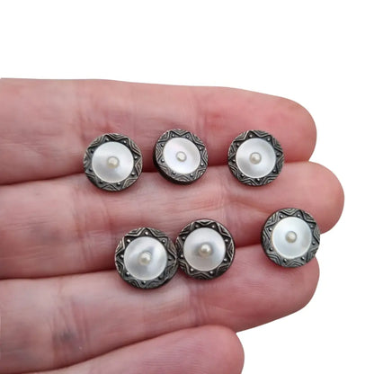 Juego de seis botones Art Déco sterling silver y nácar caja original Made in