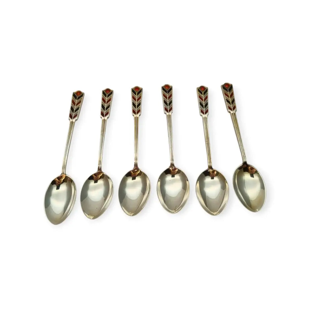 Juego de seis cucharillas Art Decó plata con esmalte rojo y negro Mappin