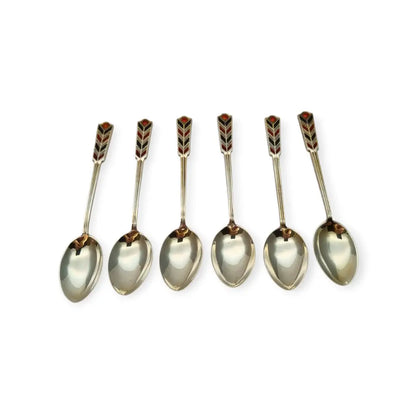 Juego de seis cucharillas Art Decó plata con esmalte rojo y negro Mappin