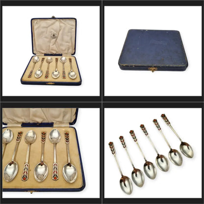 Juego de seis cucharillas Art Decó plata con esmalte rojo y negro Mappin