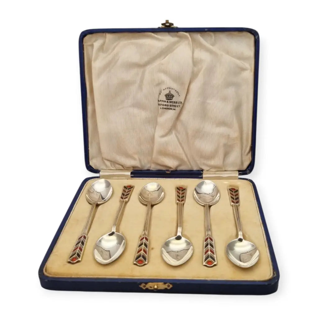 Juego de seis cucharillas Art Decó plata con esmalte rojo y negro Mappin
