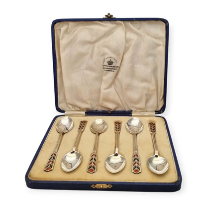 Juego de seis cucharillas Art Decó plata con esmalte rojo y negro Mappin