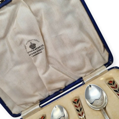 Juego de seis cucharillas Art Decó plata con esmalte rojo y negro Mappin