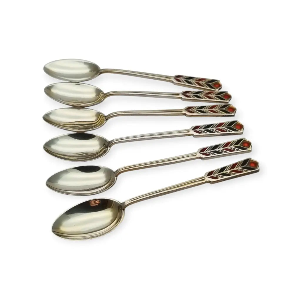 Juego de seis cucharillas Art Decó plata con esmalte rojo y negro Mappin