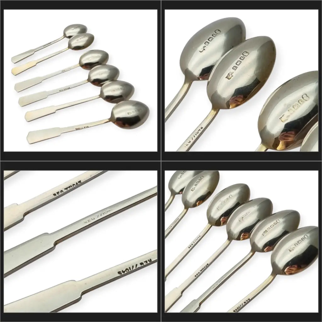 Juego de seis cucharillas Art Decó plata con esmalte rojo y negro Mappin