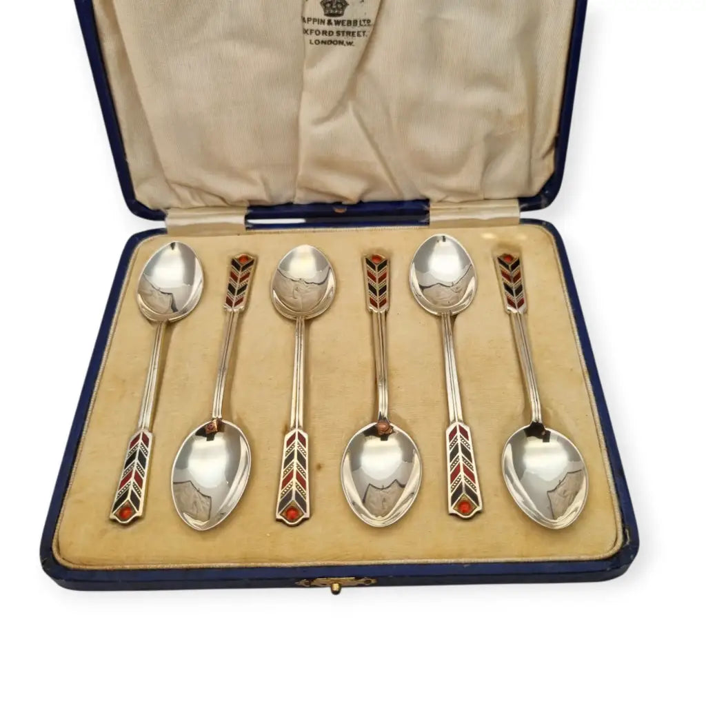 Juego de seis cucharillas Art Decó plata con esmalte rojo y negro Mappin