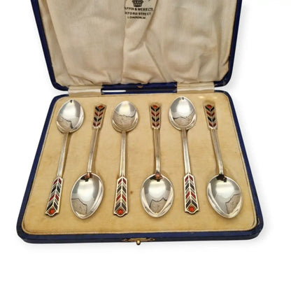 Juego de seis cucharillas Art Decó plata con esmalte rojo y negro Mappin