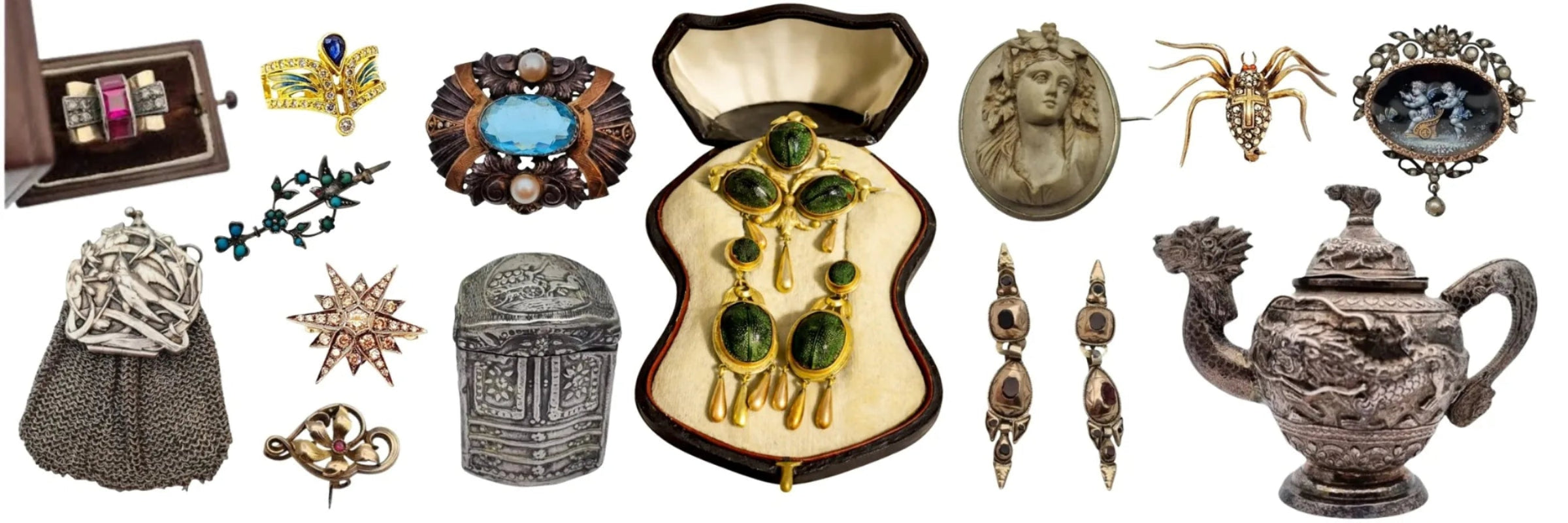 Selección de joyas antiguas y vintage de La BizarreSusu, piezas originales en oro y plata con piedras naturales de los periodos victoriano, modernista y art déco