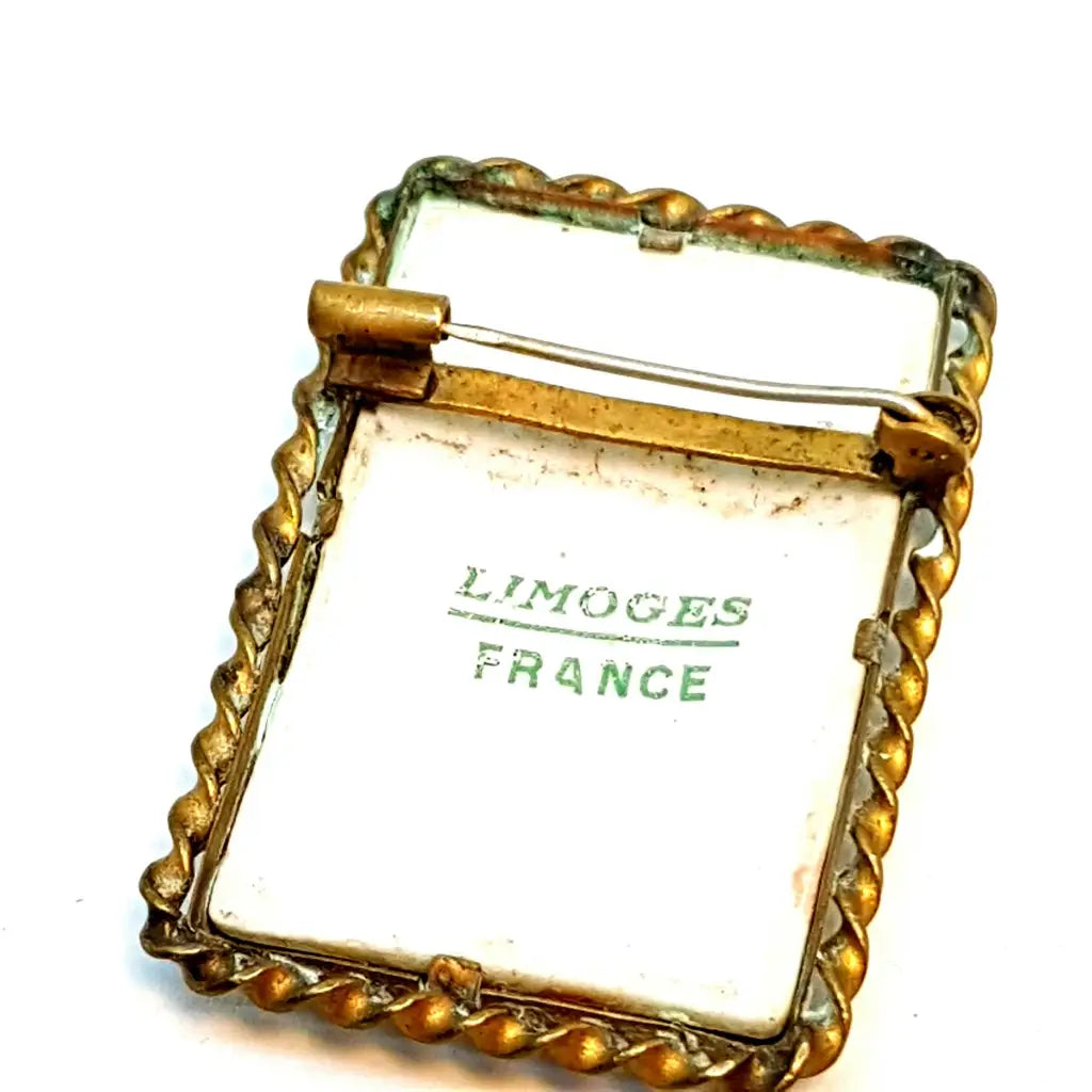 Broche camafeo de porcelana Limoges francesa vintage años 40 adornos dorados