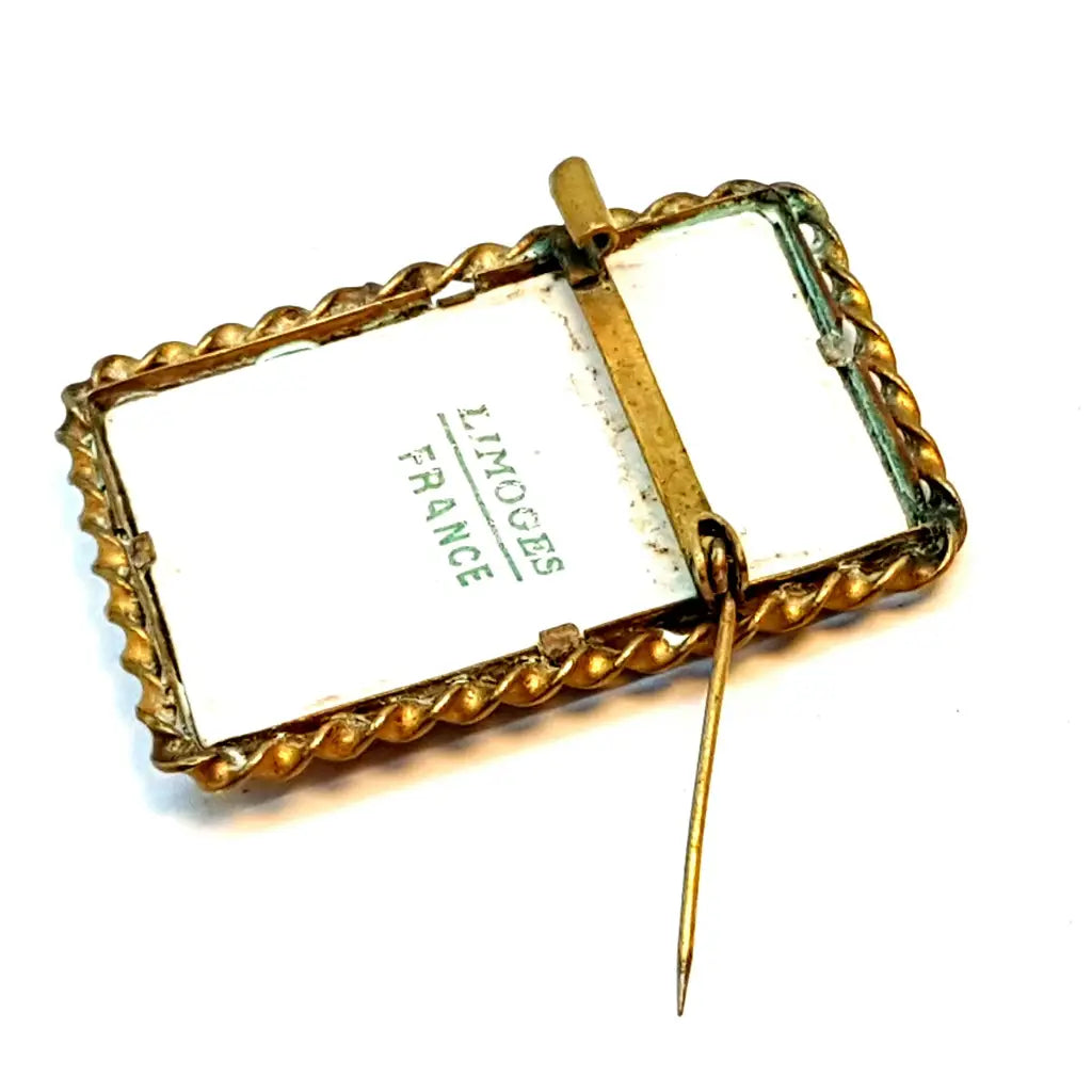 Broche camafeo de porcelana Limoges francesa vintage años 40 adornos dorados