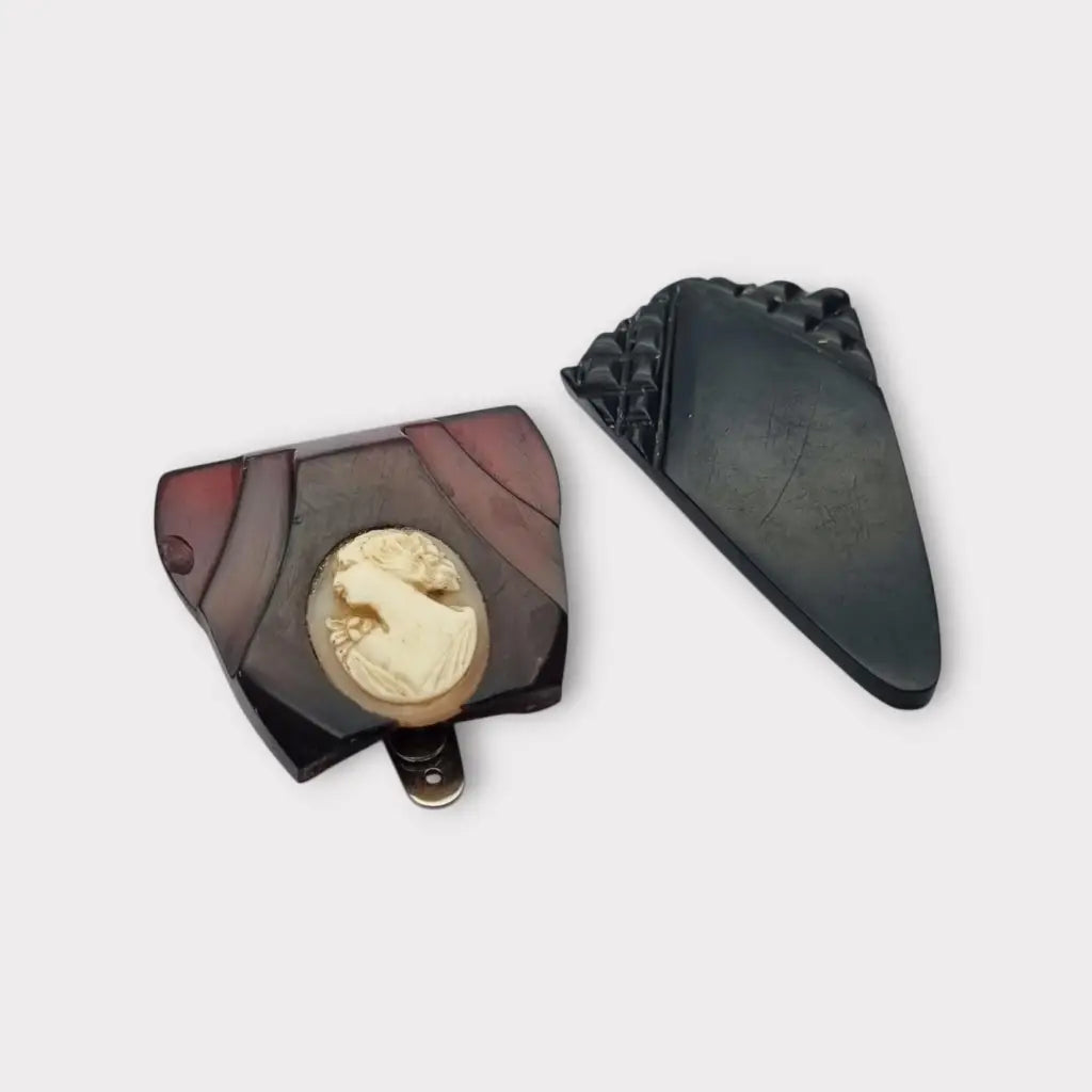 Lote de dos pinzas para vestido Art Decó en celuloide negro y marrón burdeos