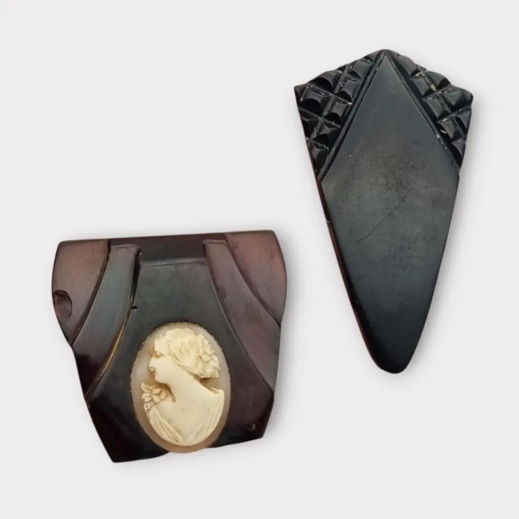 Lote de dos pinzas para vestido Art Decó en celuloide negro y marrón burdeos