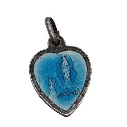 Colgante Corazon Religioso esmalte azul medalla lourdes joyeria antigua regalo