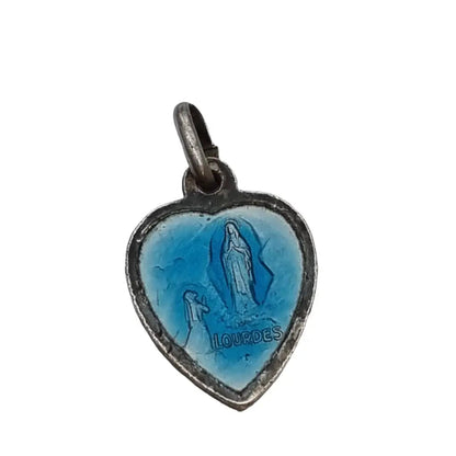 Colgante Corazon Religioso esmalte azul medalla lourdes joyeria antigua regalo