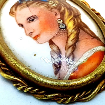 Broche Limoges vintage joyería francesa para mujer pintura de porcelana antigua