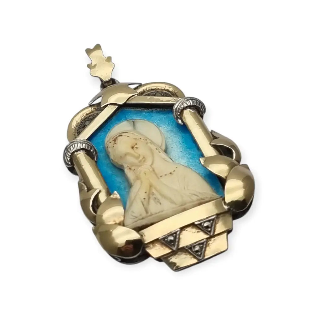 Medalla Art Déco década de 1930 con la Virgen María en plata oro y esmalte