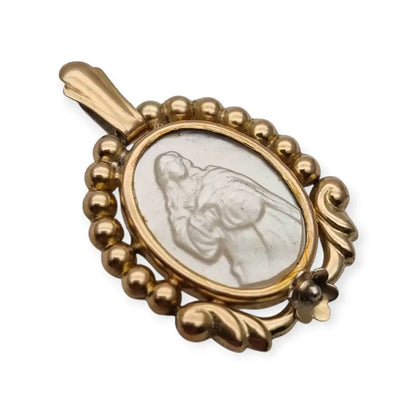 Medalla Art Déco de la Virgen en Plata Dorada Tallada Nácar Década