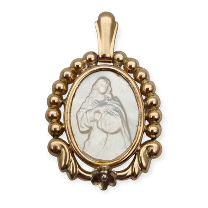Medalla Art Déco de la Virgen en Plata Dorada Tallada Nácar Década