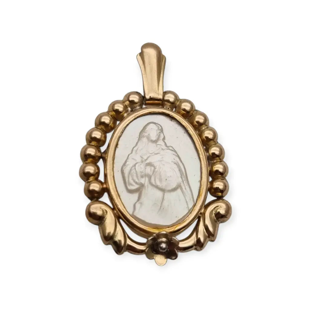 Medalla Art Déco de la Virgen en Plata Dorada Tallada Nácar Década