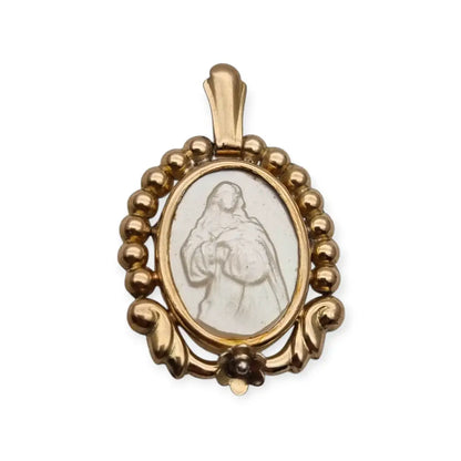 Medalla Art Déco de la Virgen en Plata Dorada Tallada Nácar Década
