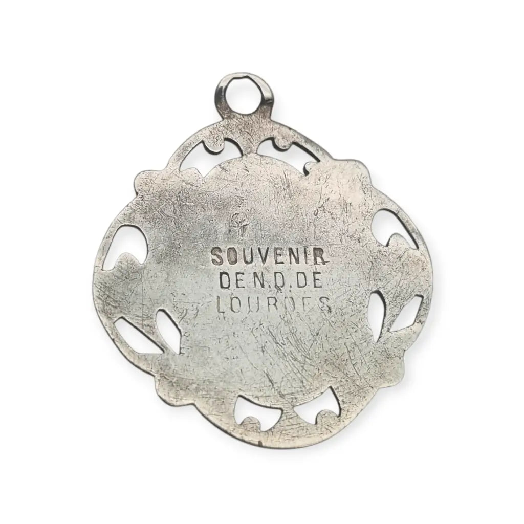 Medalla Art Nouveau de plata calada Ntra. Sra. Lourdes vintage floral