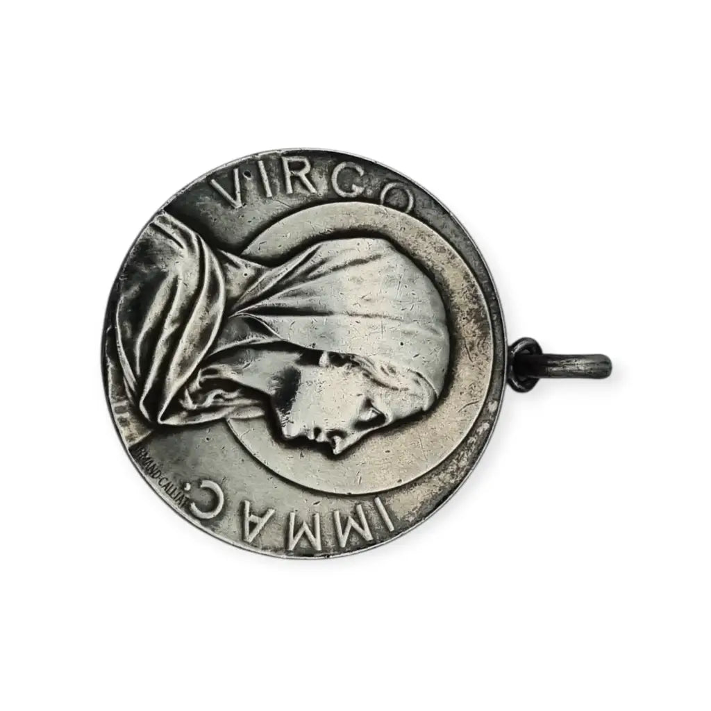 Medalla modernista antigua Virgen Inmaculada firmada Armand Calliat plata 1915