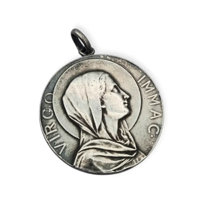 Medalla modernista antigua Virgen Inmaculada firmada Armand Calliat plata 1915