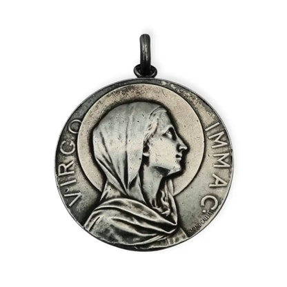 Medalla modernista antigua Virgen Inmaculada firmada Armand Calliat plata 1915